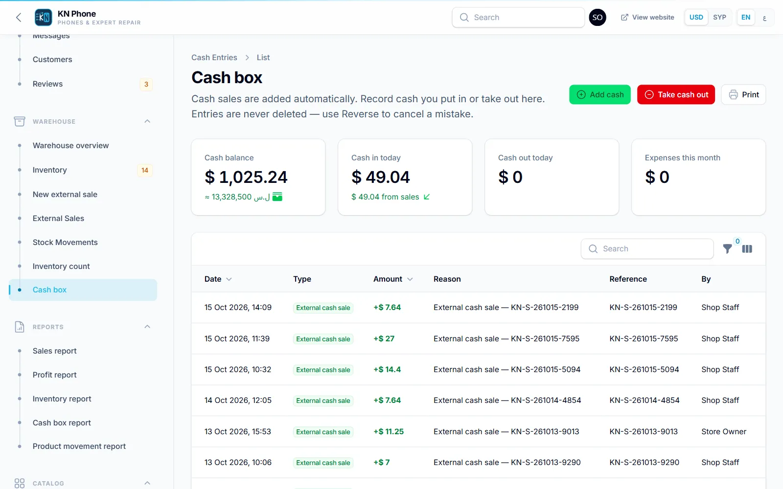 Screenshot of the Cash box screen in KN Phone, with sample data