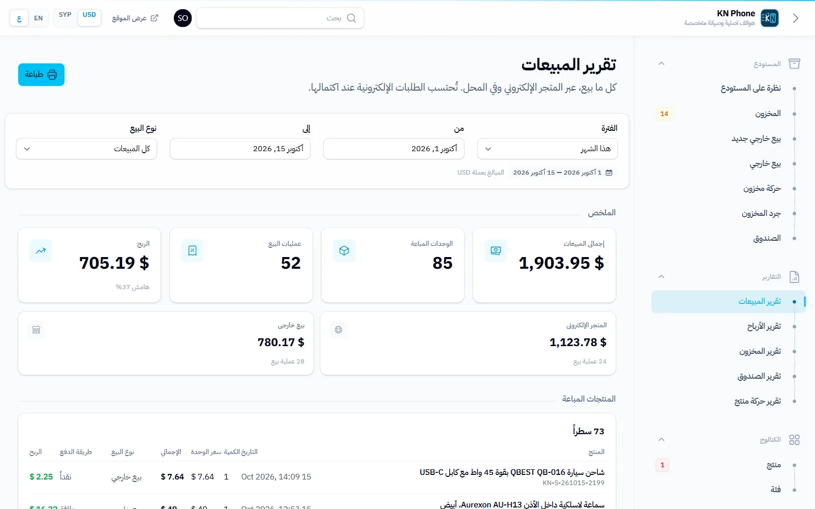 لقطة شاشة «تقرير المبيعات» في متجر KN Phone ببيانات تجريبية