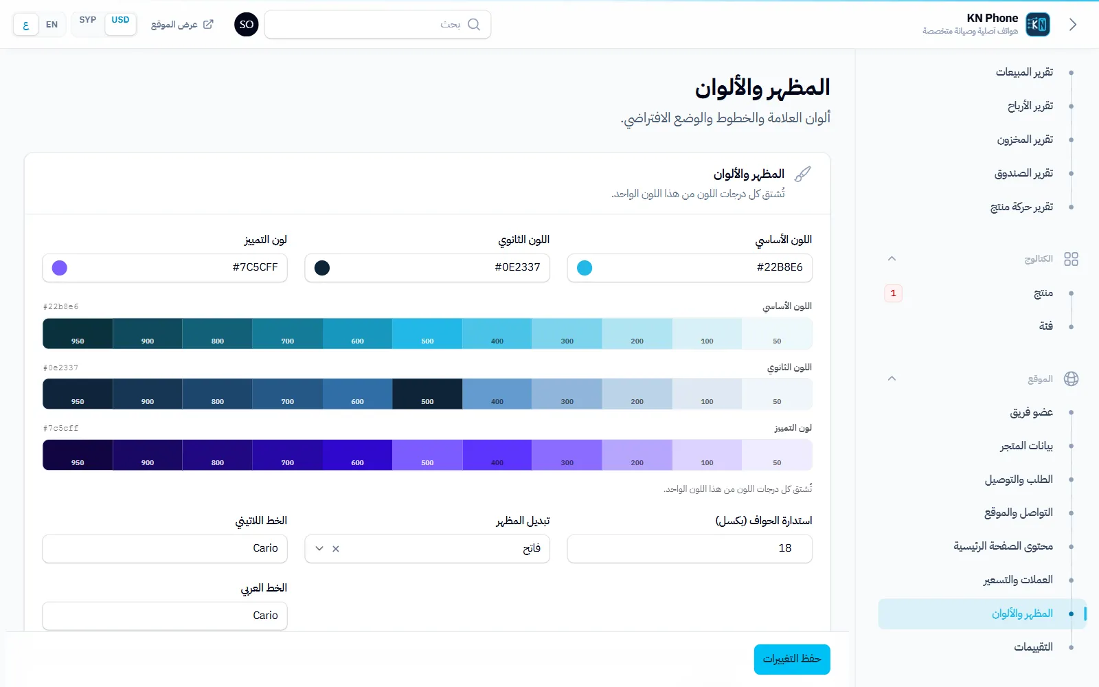 لقطة شاشة «المظهر» في متجر KN Phone ببيانات تجريبية