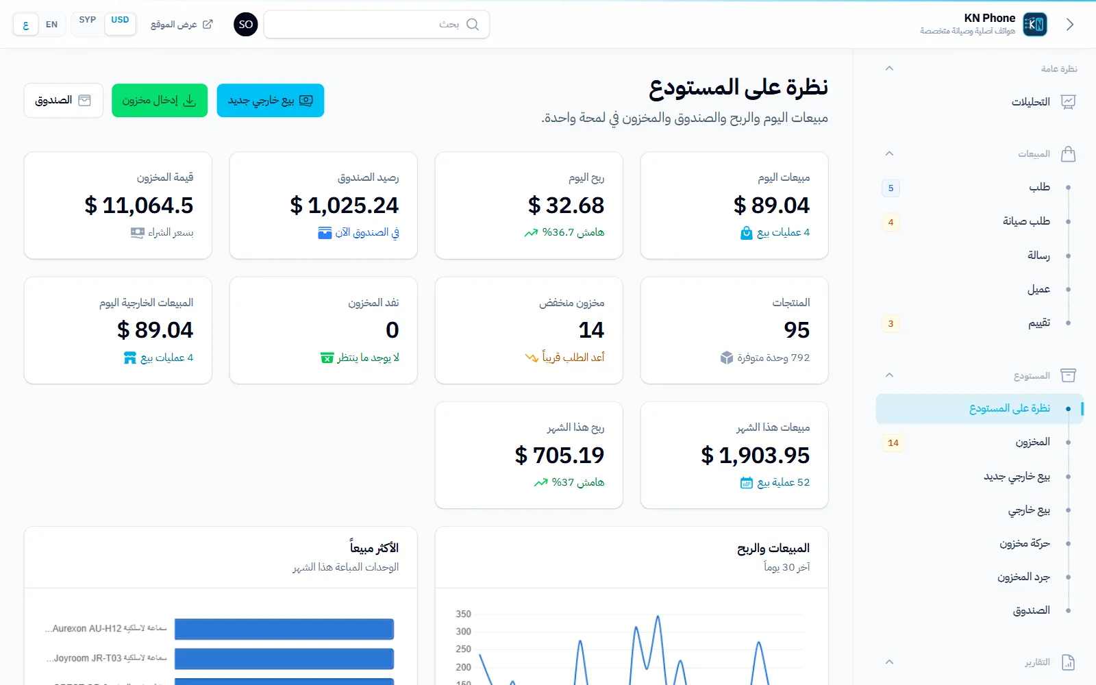 لقطة شاشة «نظرة على المستودع» في متجر KN Phone ببيانات تجريبية