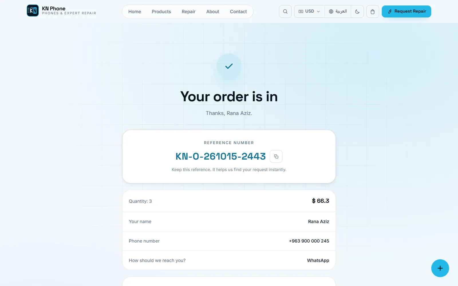 Screenshot of the Order confirmation screen in KN Phone, with sample data