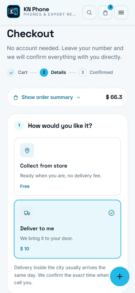 KN Phone Checkout screen on a phone, with sample data