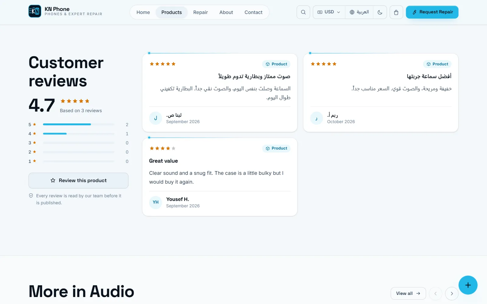 Screenshot of the Reviews screen in KN Phone, with sample data