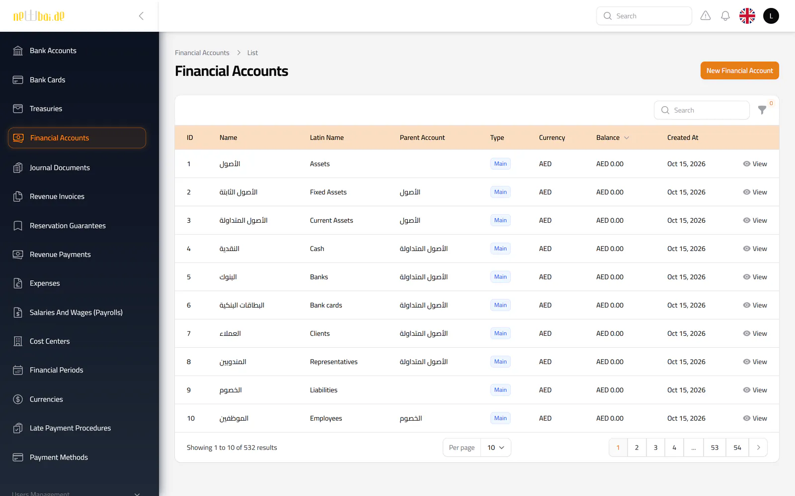 Screenshot of the Chart of accounts screen in the New Bay ERP, with fictional sample data