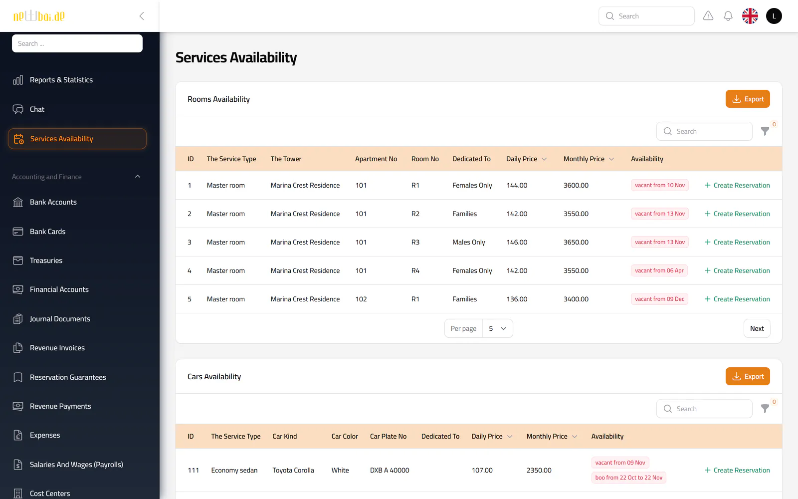 Screenshot of the Services availability screen in the New Bay ERP, with fictional sample data