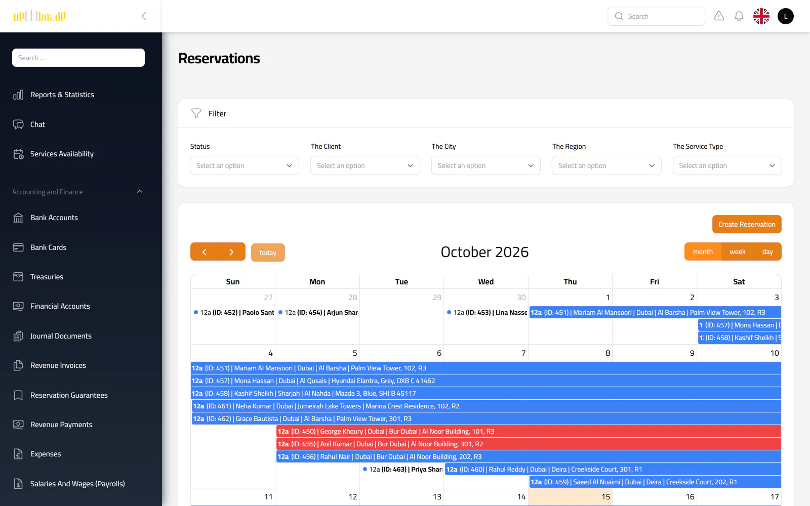 Screenshot of the Reservation calendar screen in the New Bay ERP, with fictional sample data