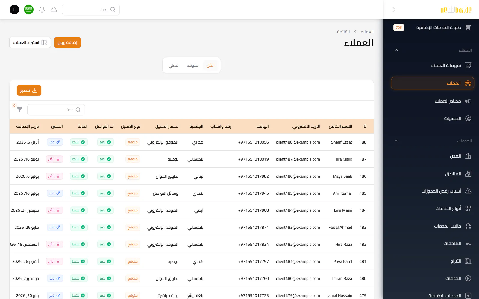لقطة شاشة «العملاء» في نظام نيو باي ERP ببيانات تجريبية افتراضية