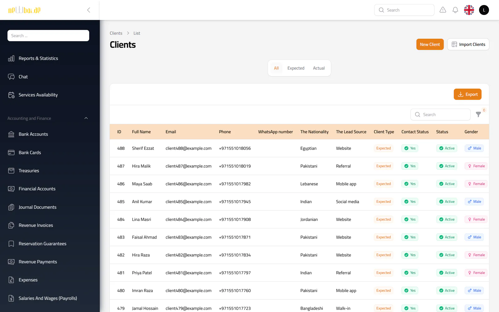 Screenshot of the Clients screen in the New Bay ERP, with fictional sample data