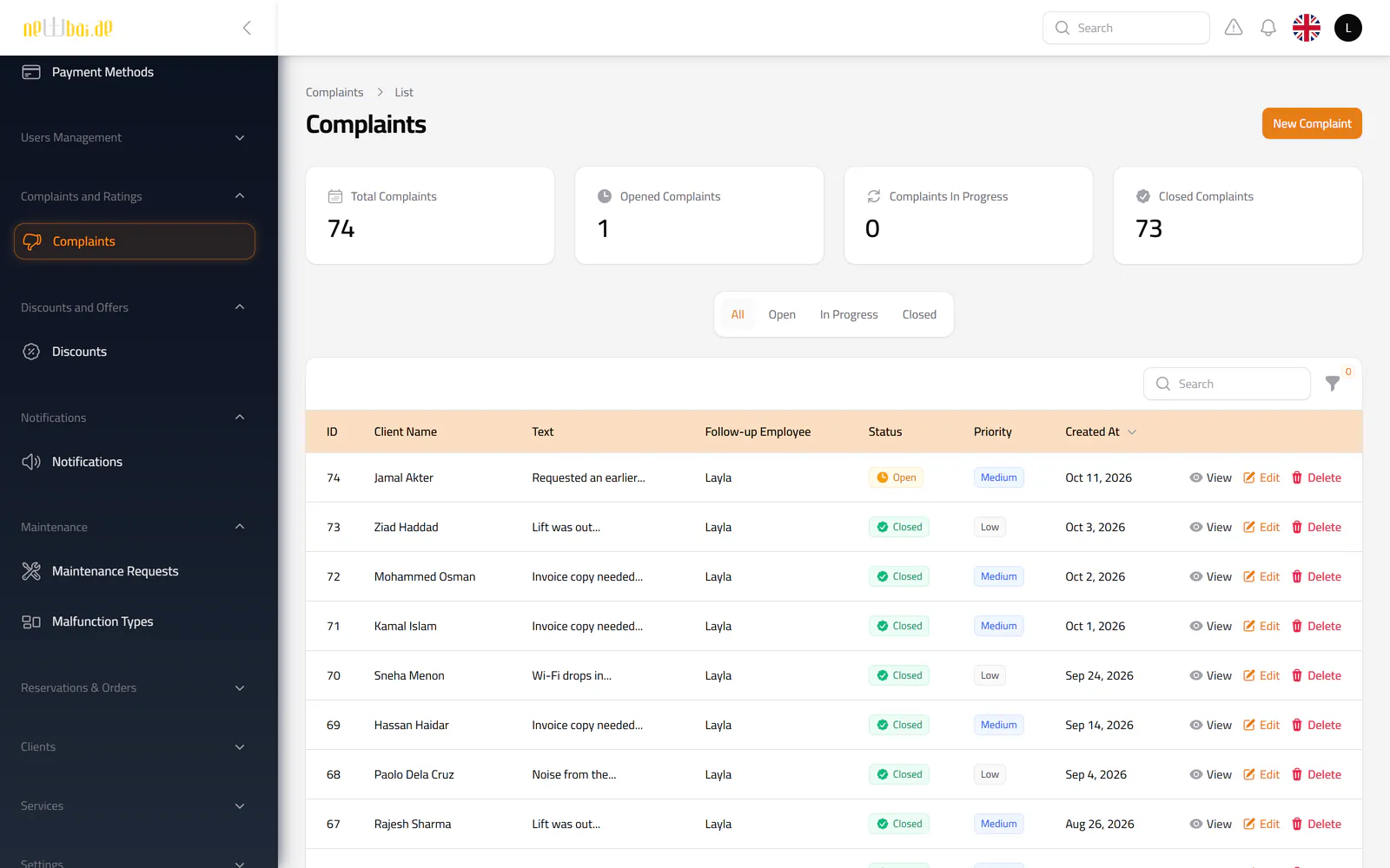 Screenshot of the Complaints screen in the New Bay ERP, with fictional sample data