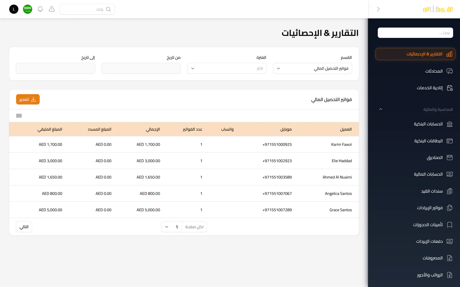 لقطة شاشة «تقرير التحصيل» في نظام نيو باي ERP ببيانات تجريبية افتراضية