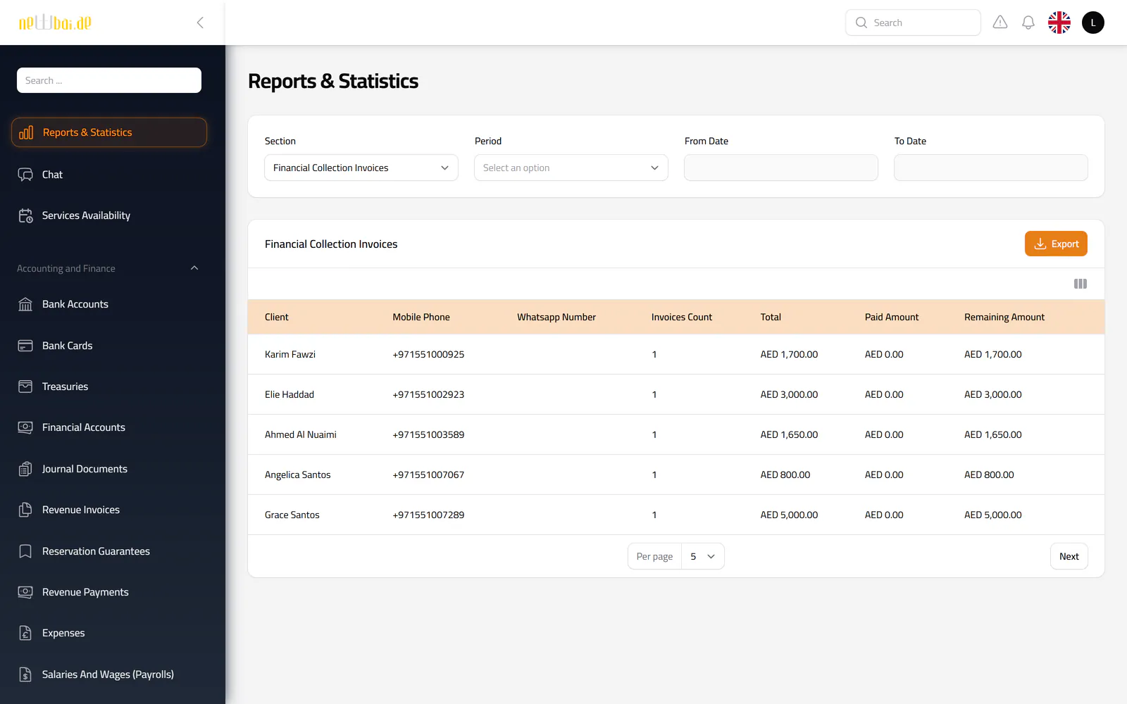 Screenshot of the Collections report screen in the New Bay ERP, with fictional sample data