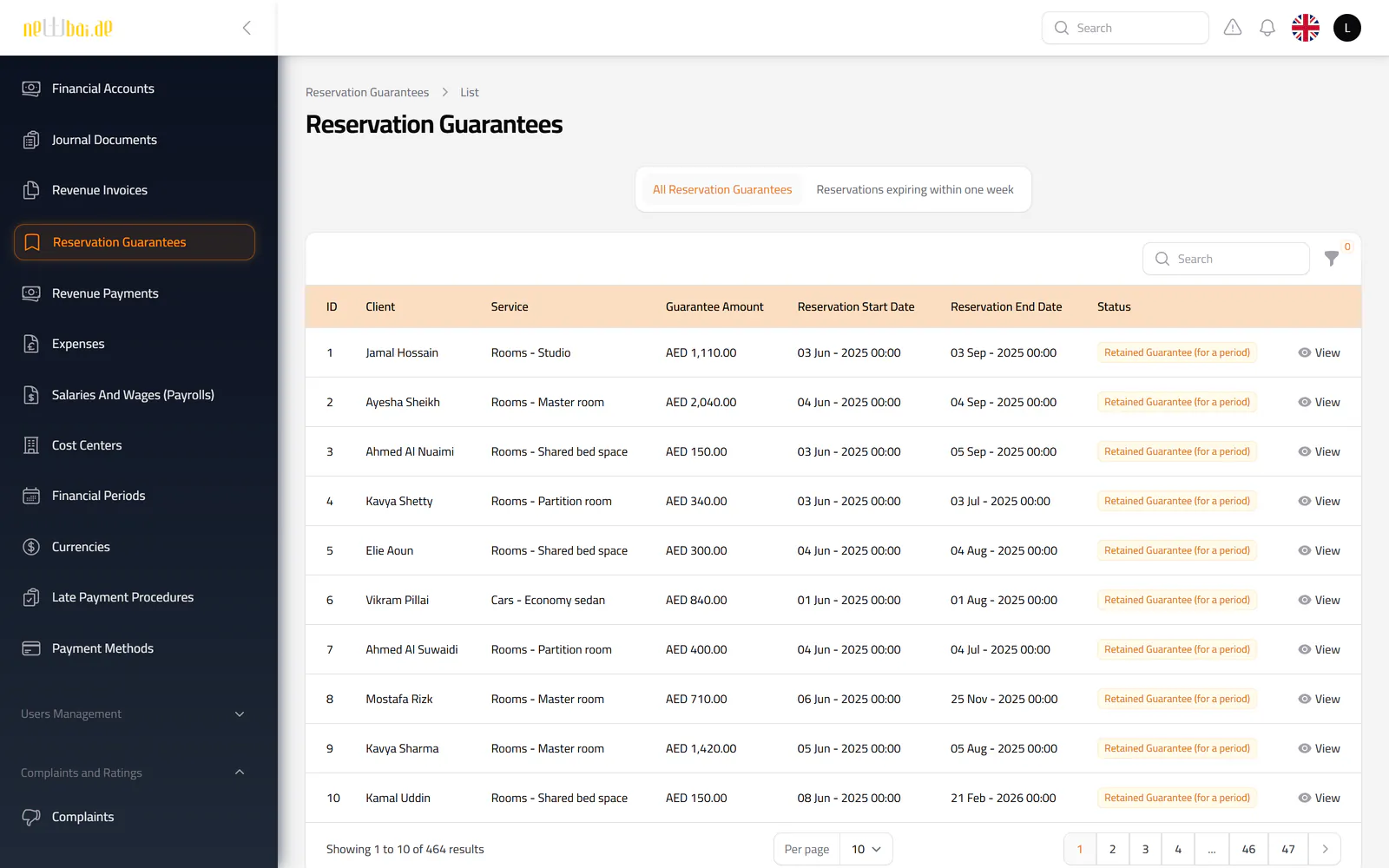 Screenshot of the Security deposits screen in the New Bay ERP, with fictional sample data