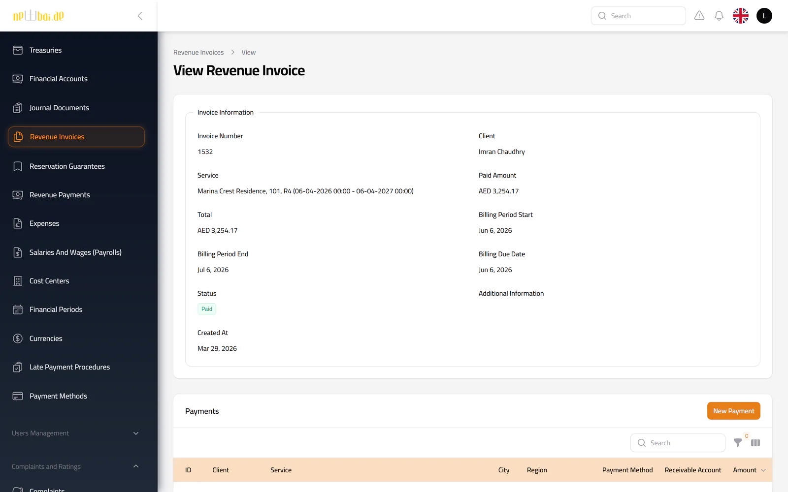 Screenshot of the Revenue invoices screen in the New Bay ERP, with fictional sample data