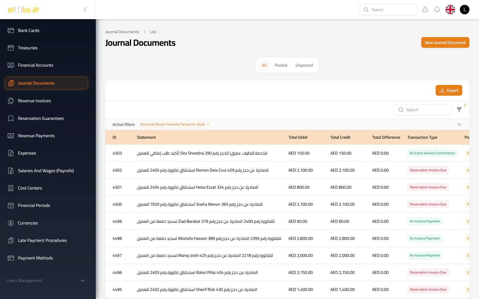 Screenshot of the Journal documents screen in the New Bay ERP, with fictional sample data