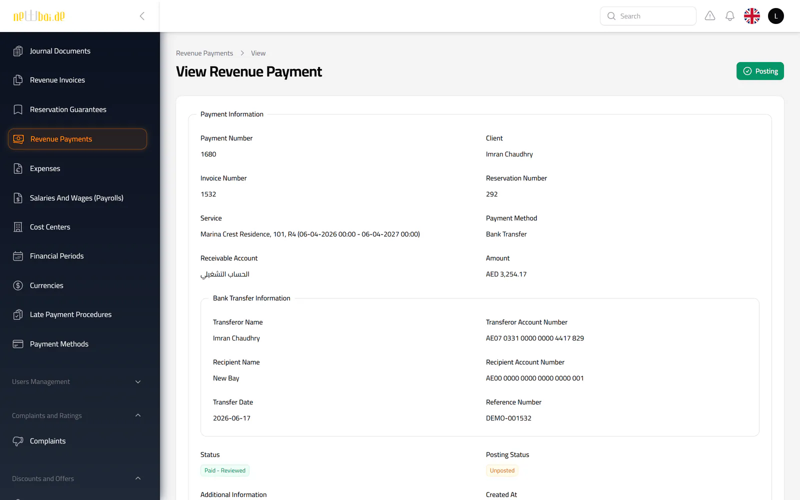 Screenshot of the Revenue payments screen in the New Bay ERP, with fictional sample data