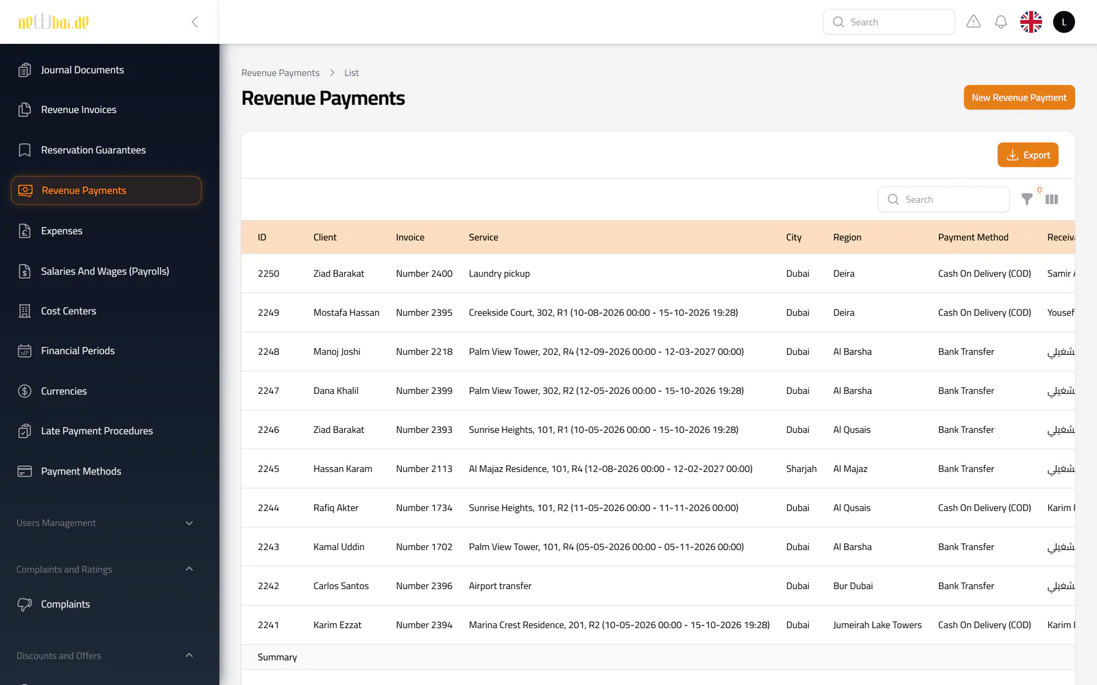Screenshot of the Revenue payments screen in the New Bay ERP, with fictional sample data