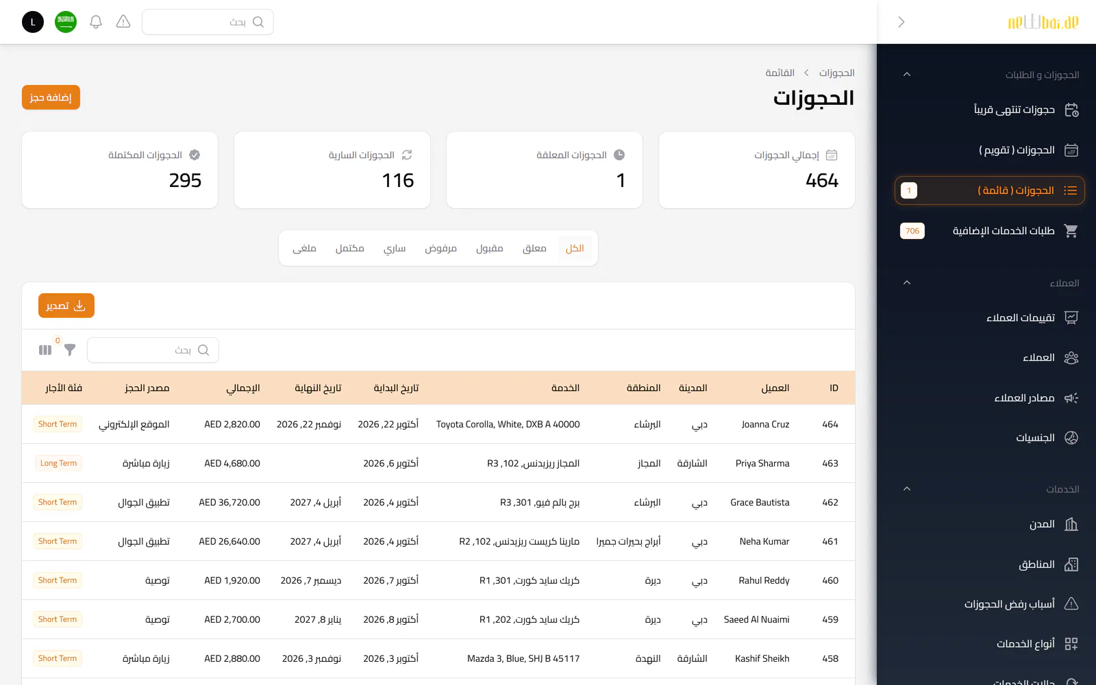 لقطة شاشة «الحجوزات» في نظام نيو باي ERP ببيانات تجريبية افتراضية