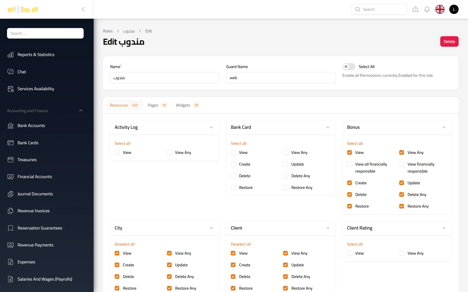 Screenshot of the Roles & permissions screen in the New Bay ERP, with fictional sample data