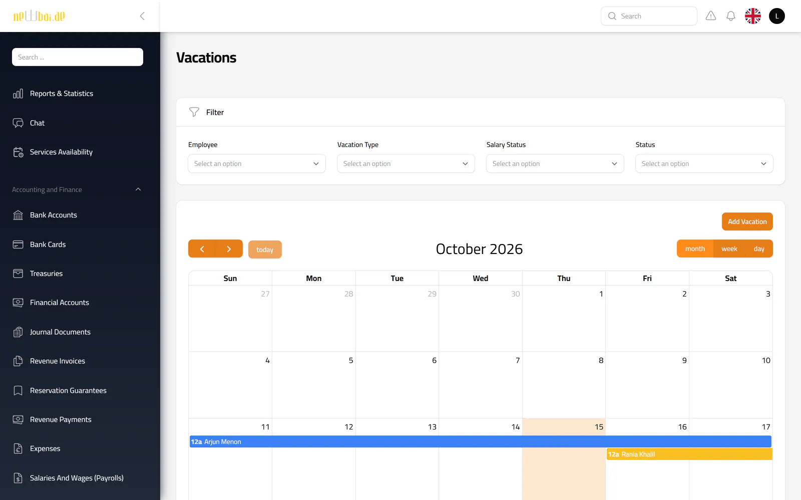 Screenshot of the Team vacations screen in the New Bay ERP, with fictional sample data