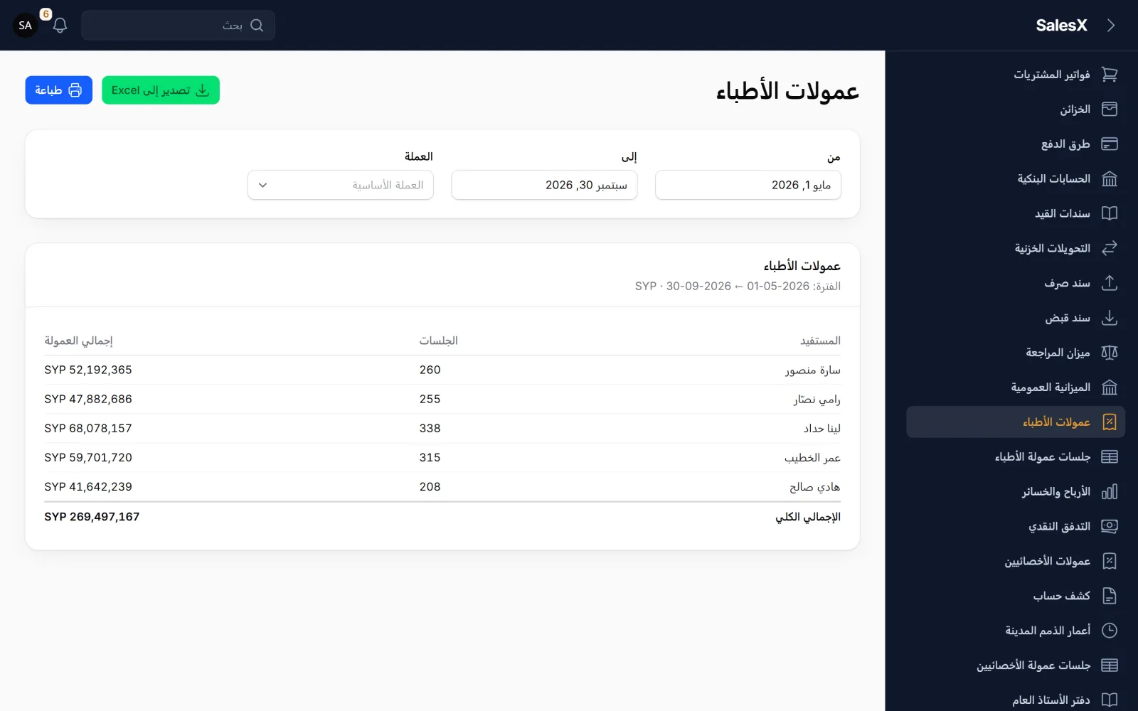 لقطة لشاشة عمولات تُقرَّر جلسةً بجلسة في نظام SalesX ببيانات تجريبية افتراضية