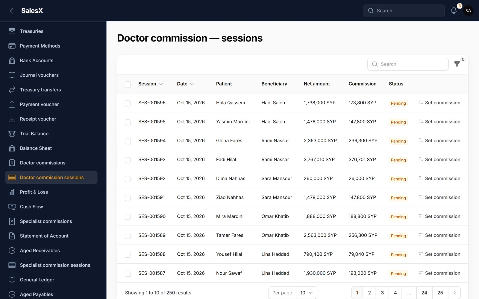 Screenshot of the Commission decisions screen in SalesX, with fictional sample data