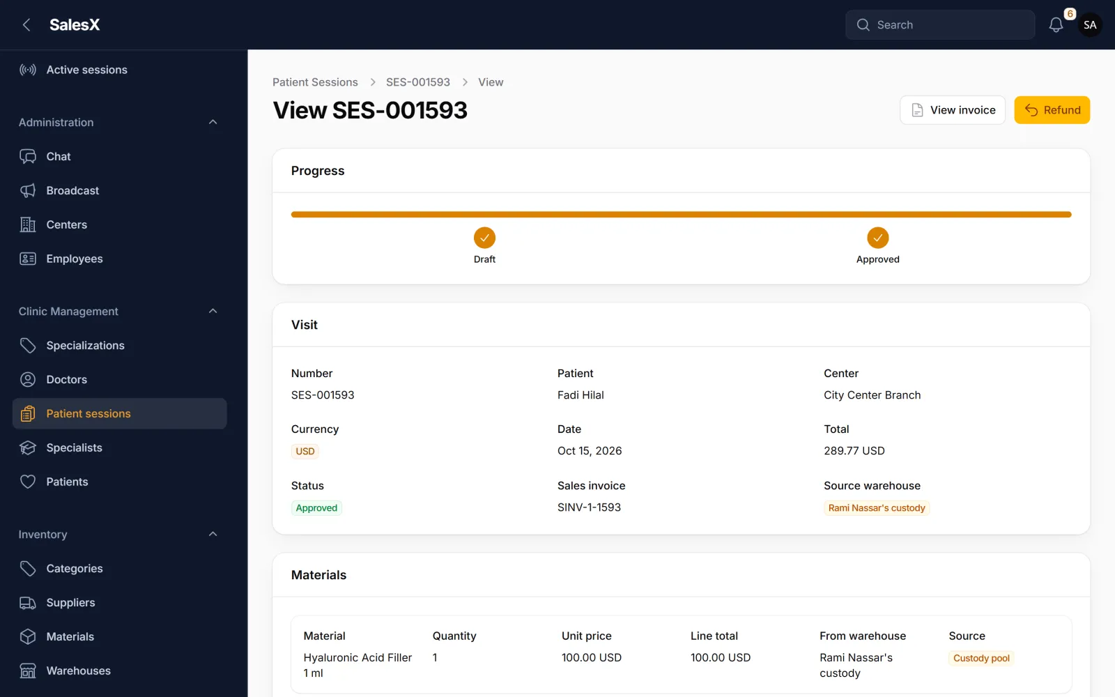 Screenshot of the Session record screen in SalesX, with fictional sample data