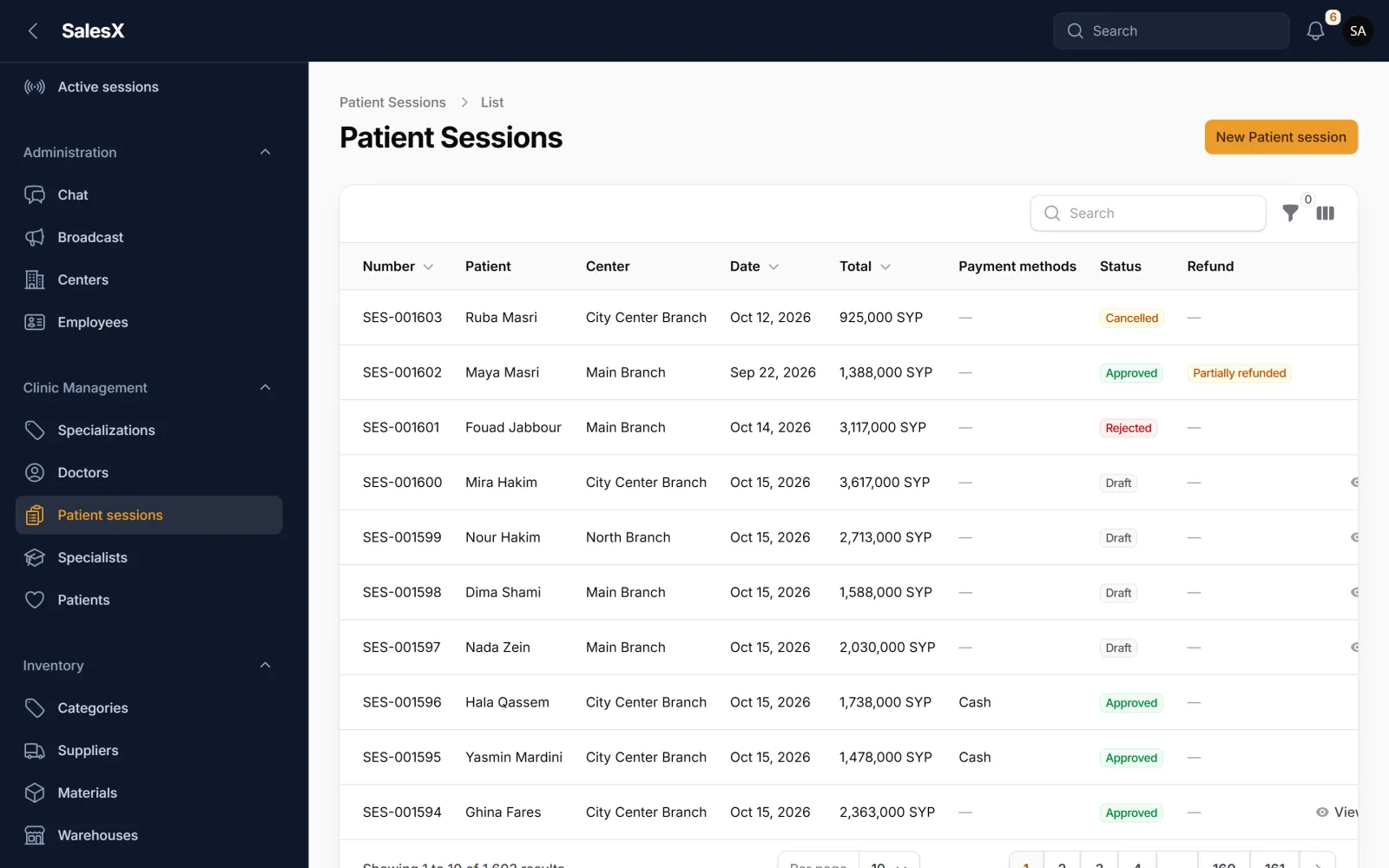 Screenshot of the Patient sessions screen in SalesX, with fictional sample data
